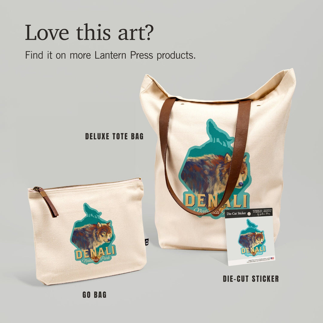 Denali National Park, Alaska, Wolf, Vivid Watercolor,, Organic Cotton Zipper Pouch, Go Bag Go Bag Lantern Press 