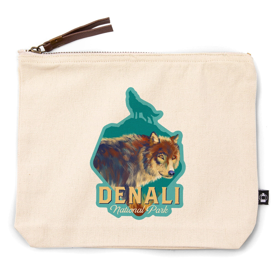 Denali National Park, Alaska, Wolf, Vivid Watercolor,, Organic Cotton Zipper Pouch, Go Bag Go Bag Lantern Press 