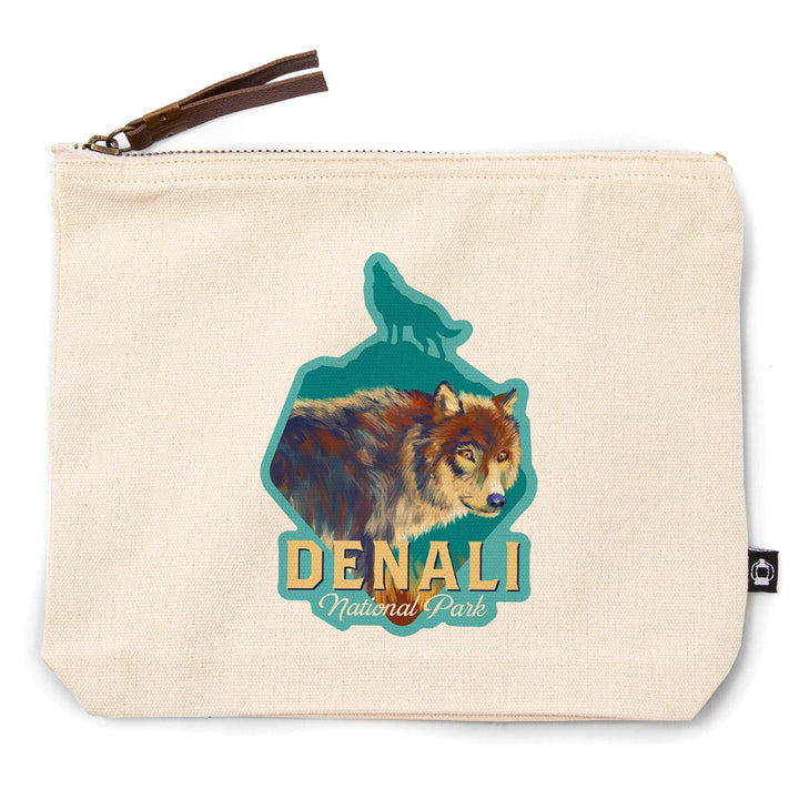 Denali National Park, Alaska, Wolf, Vivid Watercolor,, Organic Cotton Zipper Pouch, Go Bag Go Bag Lantern Press 