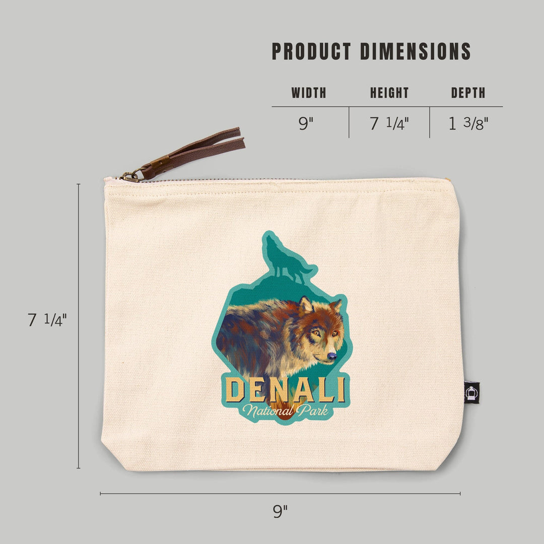 Denali National Park, Alaska, Wolf, Vivid Watercolor,, Organic Cotton Zipper Pouch, Go Bag Go Bag Lantern Press 