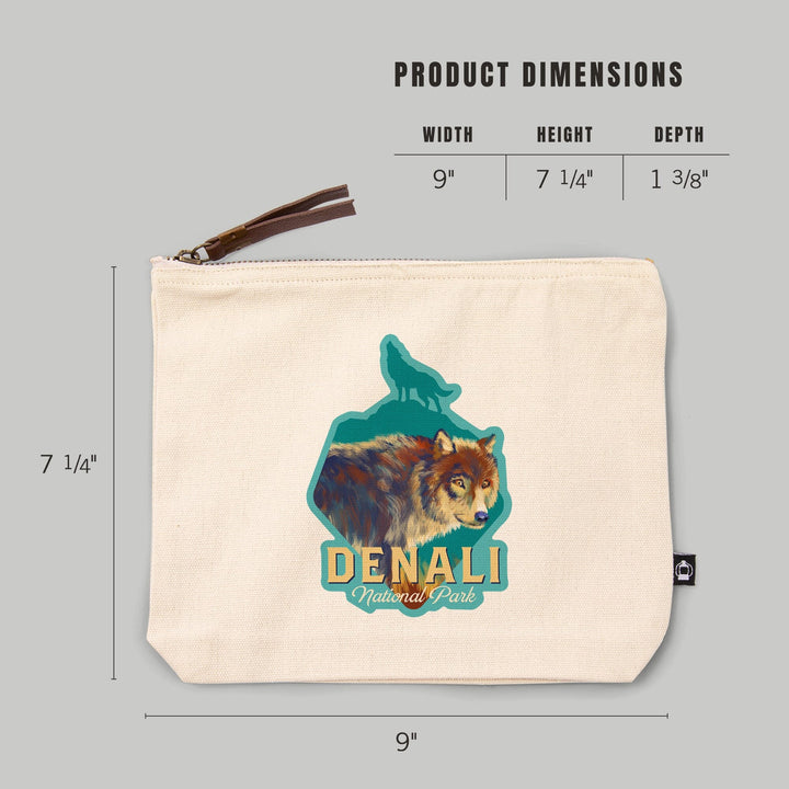 Denali National Park, Alaska, Wolf, Vivid Watercolor,, Organic Cotton Zipper Pouch, Go Bag Go Bag Lantern Press 