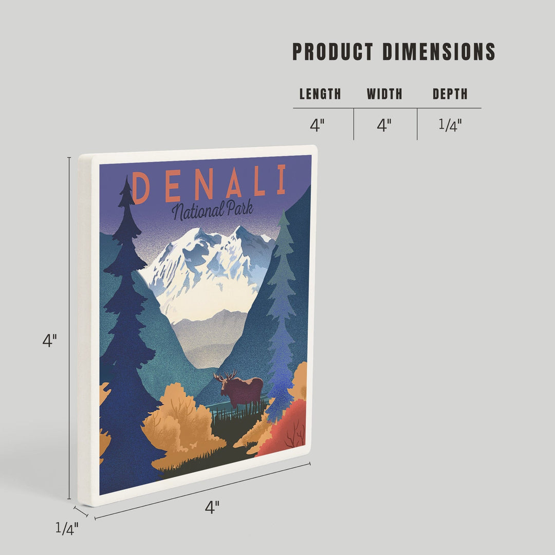 Denali National Park, Mountain Scene, Lithograph, Coasters Coasters Lantern Press 