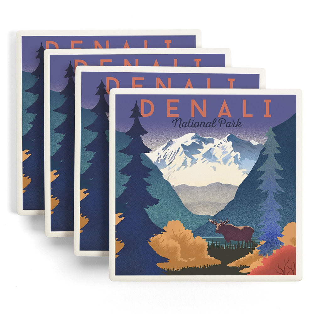 Denali National Park, Mountain Scene, Lithograph, Coasters Coasters Lantern Press 