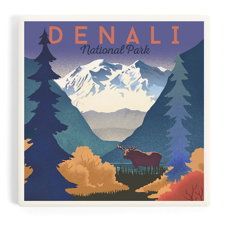 Denali National Park, Mountain Scene, Lithograph, Coasters Coasters Lantern Press 