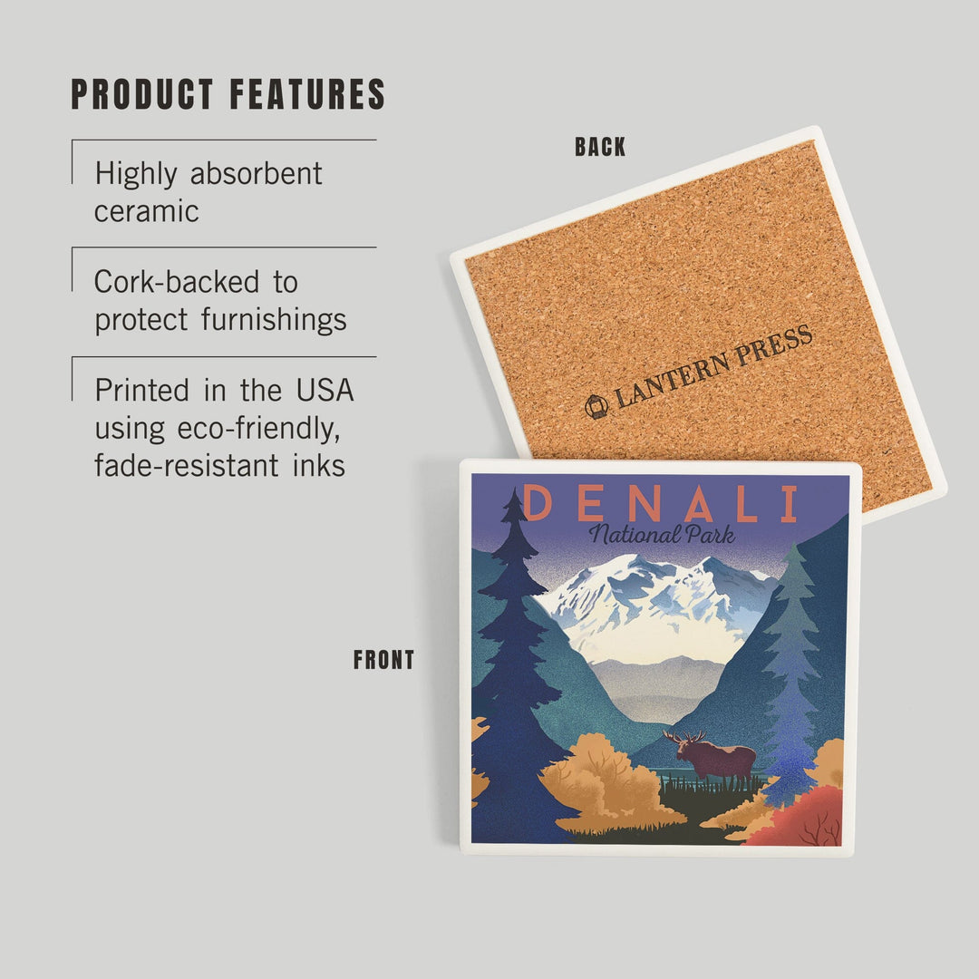 Denali National Park, Mountain Scene, Lithograph, Coasters Coasters Lantern Press 