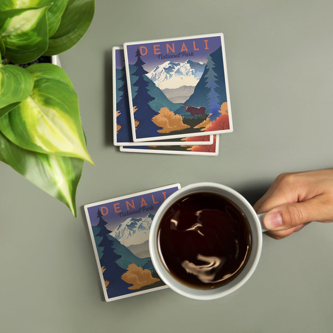 Denali National Park, Mountain Scene, Lithograph, Coasters Coasters Lantern Press 