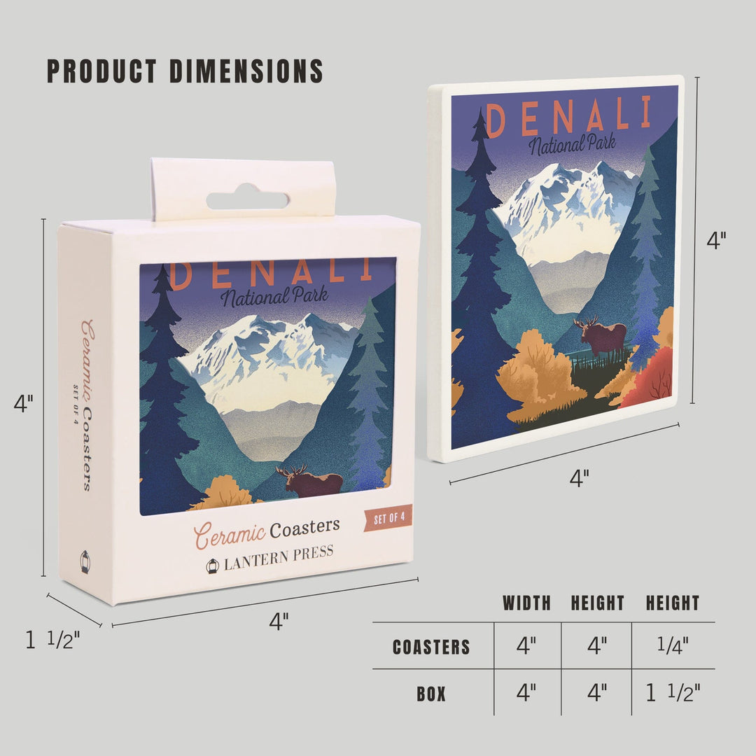 Denali National Park, Mountain Scene, Lithograph, Coasters Coasters Lantern Press 