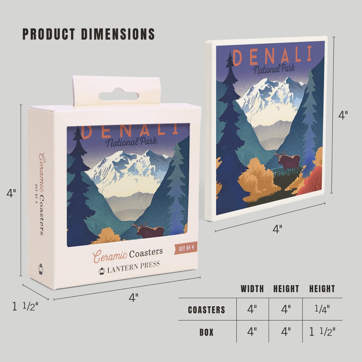 Denali National Park, Mountain Scene, Lithograph, Coasters Coasters Lantern Press 