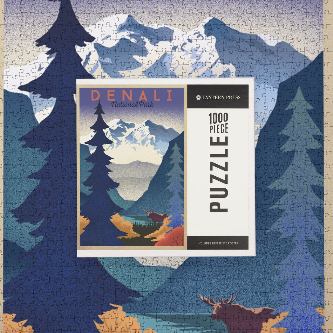 Denali National Park, Mountain Scene, Lithograph, Jigsaw Puzzle Puzzle Lantern Press 