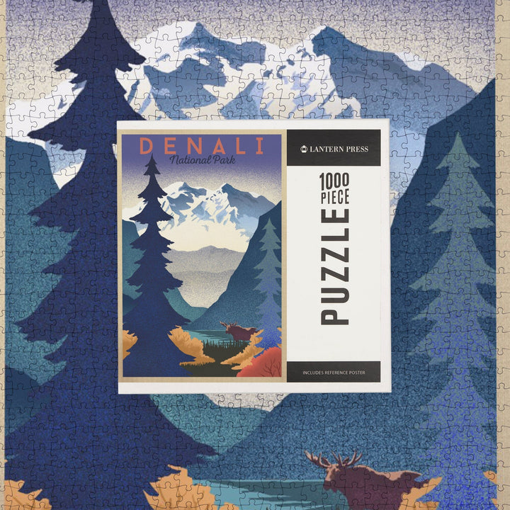 Denali National Park, Mountain Scene, Lithograph, Jigsaw Puzzle Puzzle Lantern Press 