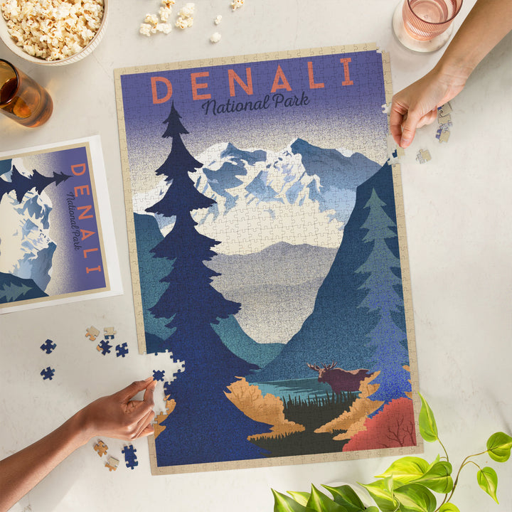 Denali National Park, Mountain Scene, Lithograph, Jigsaw Puzzle Puzzle Lantern Press 