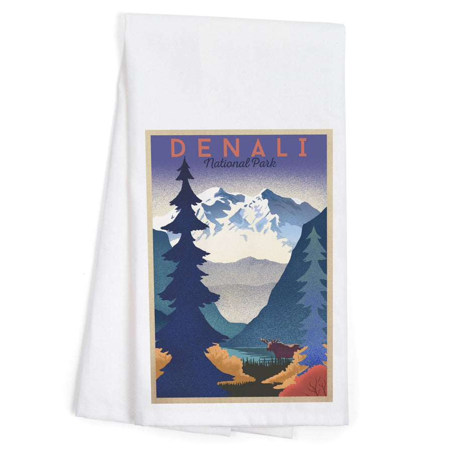 Denali National Park, Mountain Scene, Lithograph, Organic Cotton Kitchen Tea Towels Kitchen Lantern Press 