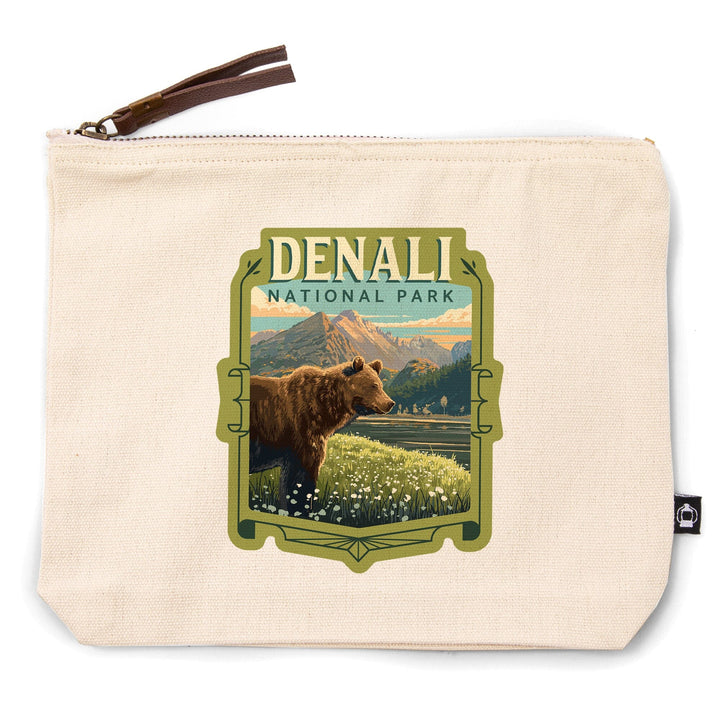 Denali National Park, Painterly, Bear,, Organic Cotton Zipper Pouch, Go Bag Go Bag Lantern Press 