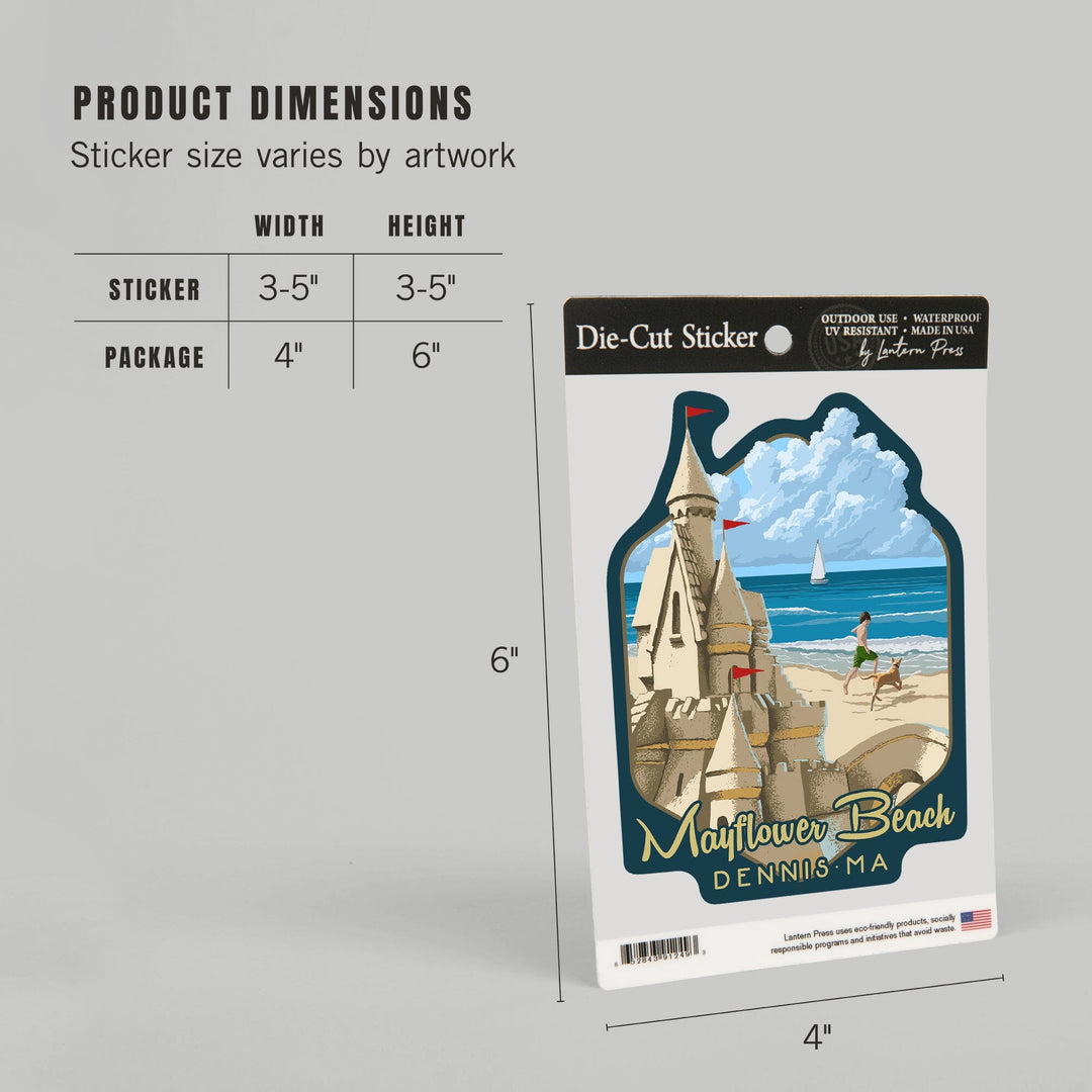 Dennis, Massachusetts, Mayflower Beach, Sand Castle, Contour, Vinyl Sticker Sticker Lantern Press 