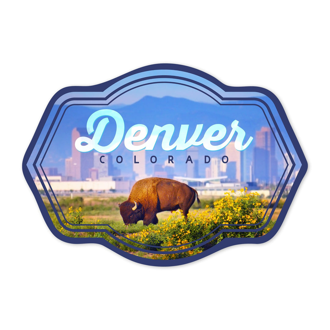 Denver, Colorado, Buffalo and Skyline, Contour, Vinyl Sticker Sticker Lantern Press 