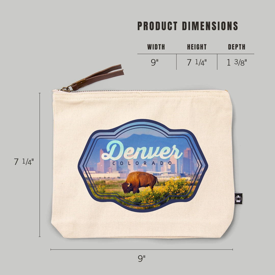Denver, Colorado, Buffalo and Skyline,, Organic Cotton Zipper Pouch, Go Bag Go Bag Lantern Press 