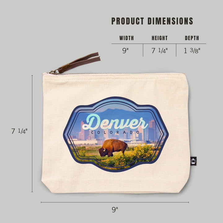 Denver, Colorado, Buffalo and Skyline,, Organic Cotton Zipper Pouch, Go Bag Go Bag Lantern Press 