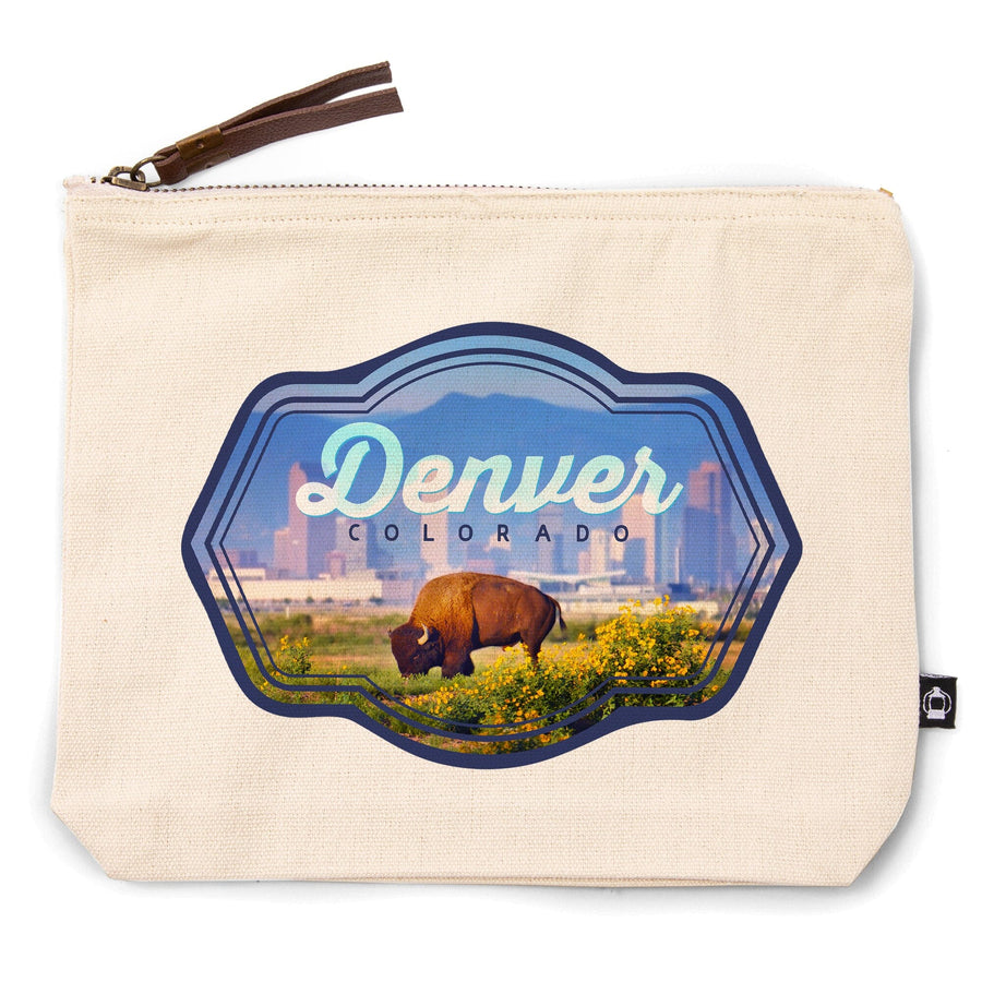 Denver, Colorado, Buffalo and Skyline,, Organic Cotton Zipper Pouch, Go Bag Go Bag Lantern Press 