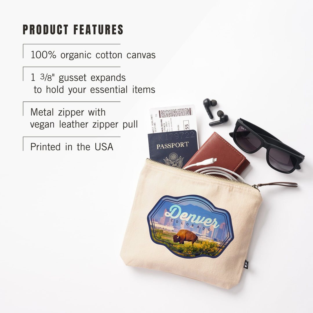 Denver, Colorado, Buffalo and Skyline,, Organic Cotton Zipper Pouch, Go Bag Go Bag Lantern Press 