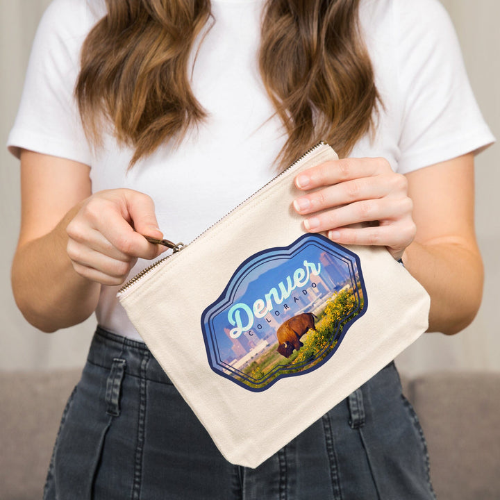 Denver, Colorado, Buffalo and Skyline,, Organic Cotton Zipper Pouch, Go Bag Go Bag Lantern Press 