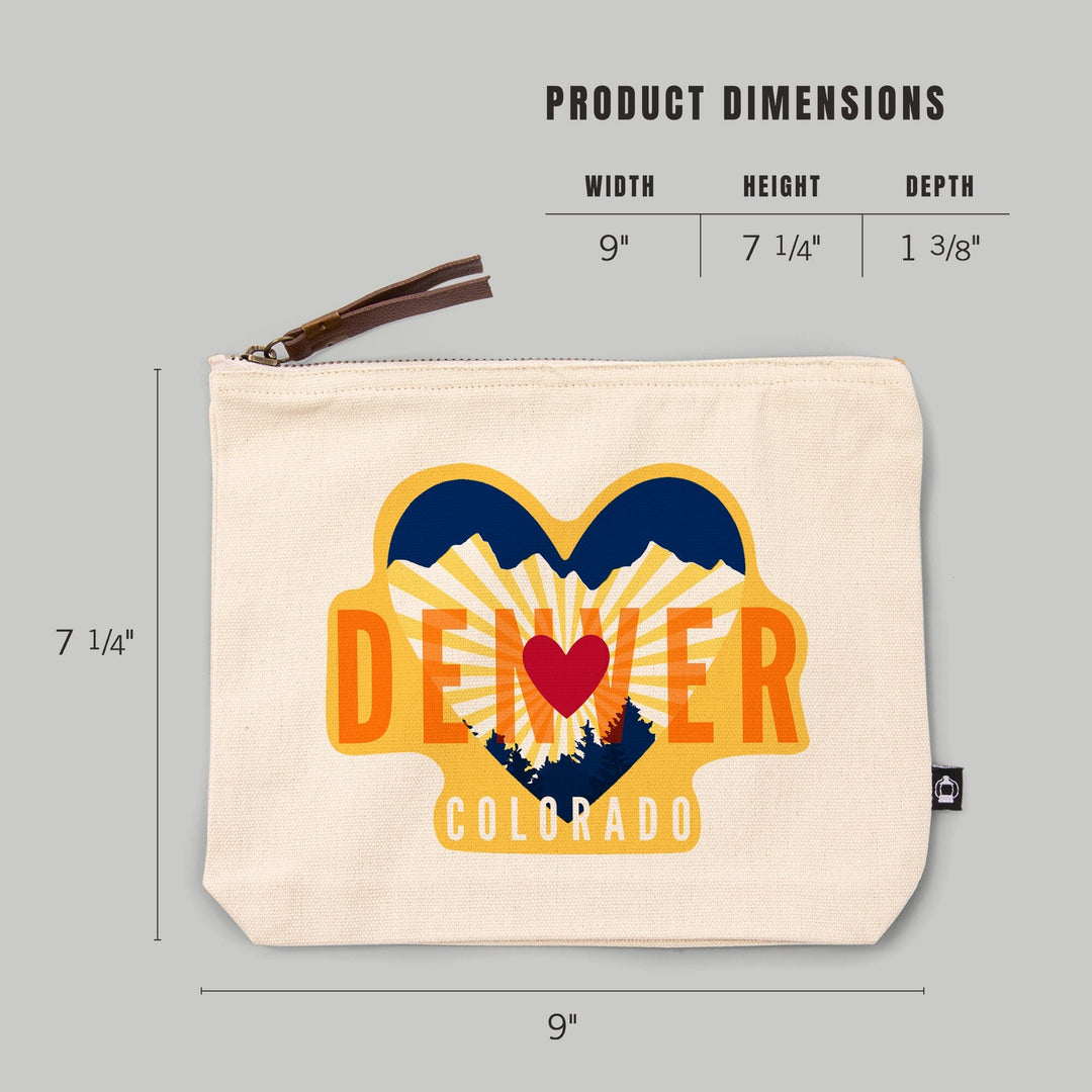 Denver, Colorado, Heart and Mountains,, Organic Cotton Zipper Pouch, Go Bag Go Bag Lantern Press 