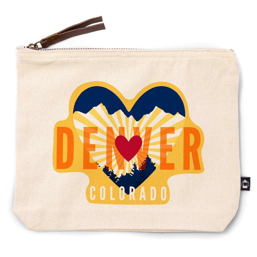 Denver, Colorado, Heart and Mountains,, Organic Cotton Zipper Pouch, Go Bag Go Bag Lantern Press 