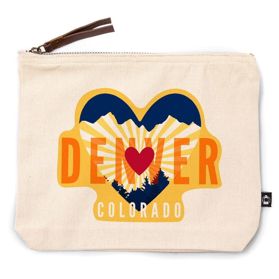 Denver, Colorado, Heart and Mountains,, Organic Cotton Zipper Pouch, Go Bag Go Bag Lantern Press 