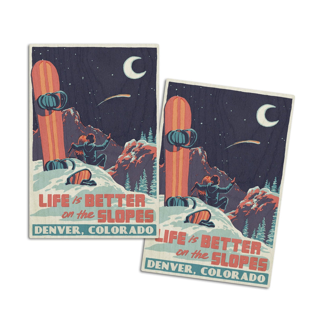 Denver, Colorado, Life is Better on the Slopes, Wood Signs and Postcards Wood Lantern Press 4x6 Wood Postcard Set 