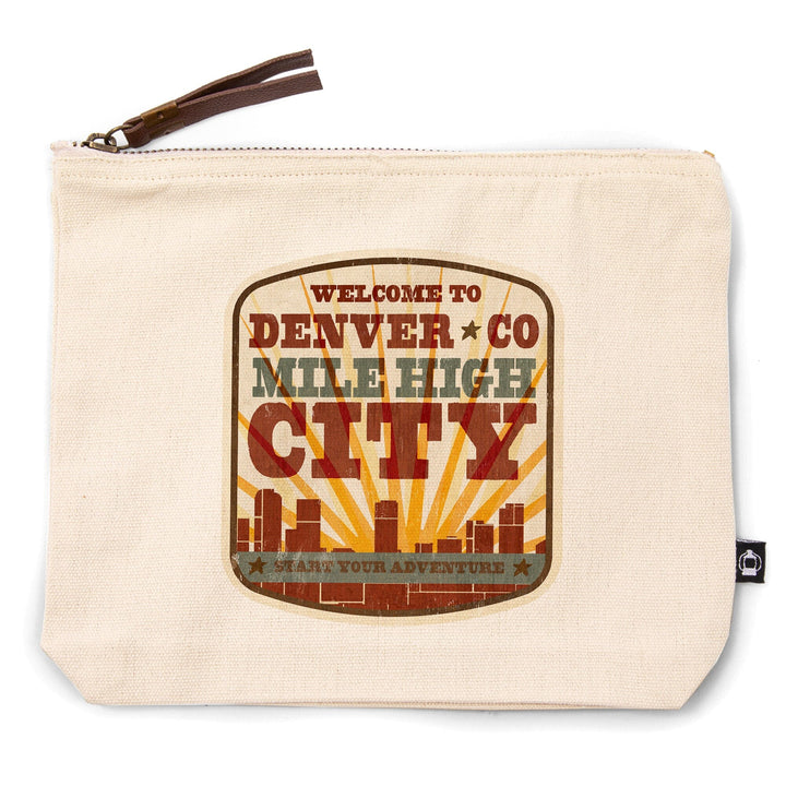 Denver, Colorado, Mile High City, Sunburst, Start Your Adventure,, Organic Cotton Zipper Pouch, Go Bag Go Bag Lantern Press 