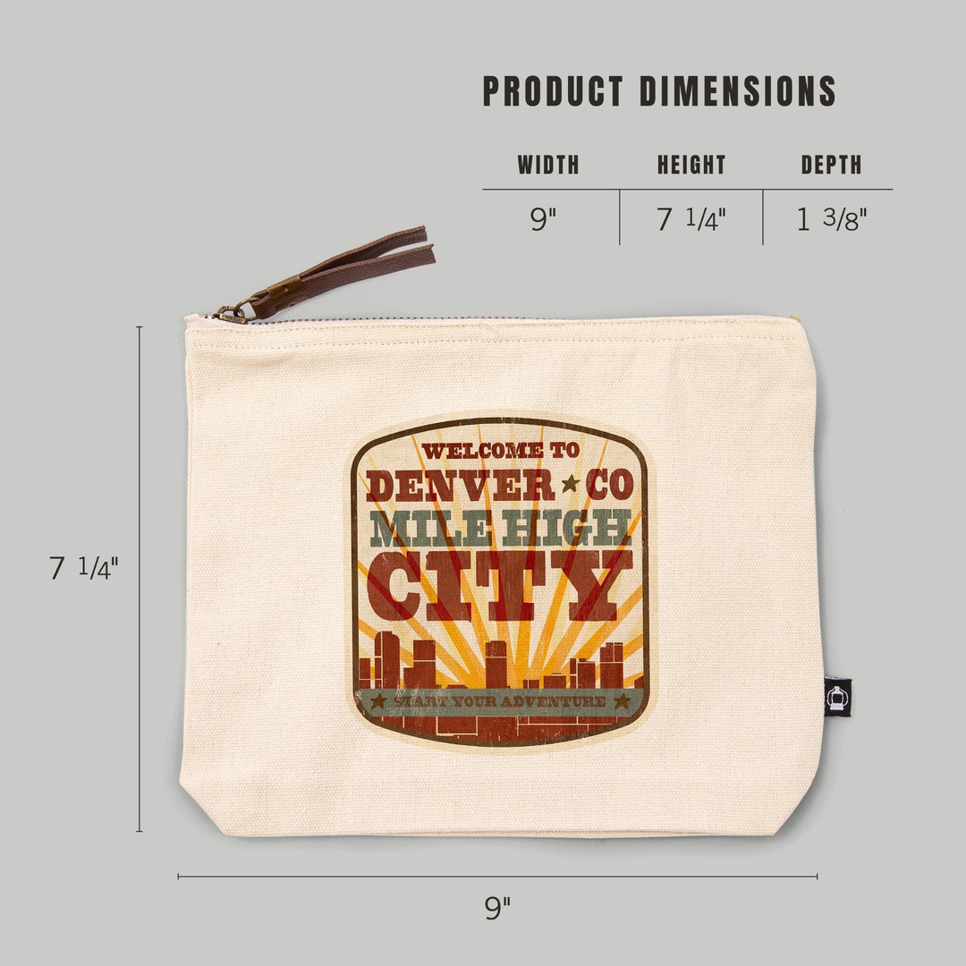 Denver, Colorado, Mile High City, Sunburst, Start Your Adventure,, Organic Cotton Zipper Pouch, Go Bag Go Bag Lantern Press 