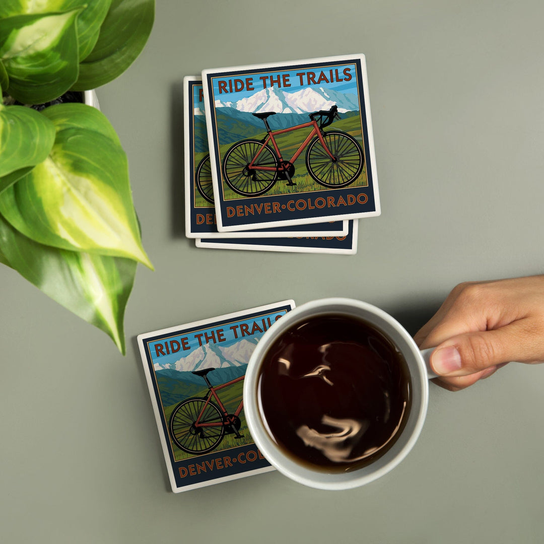 Denver, Colorado, Mountain Bike Scene, Lantern Press Artwork, Coaster Set - Lantern Press