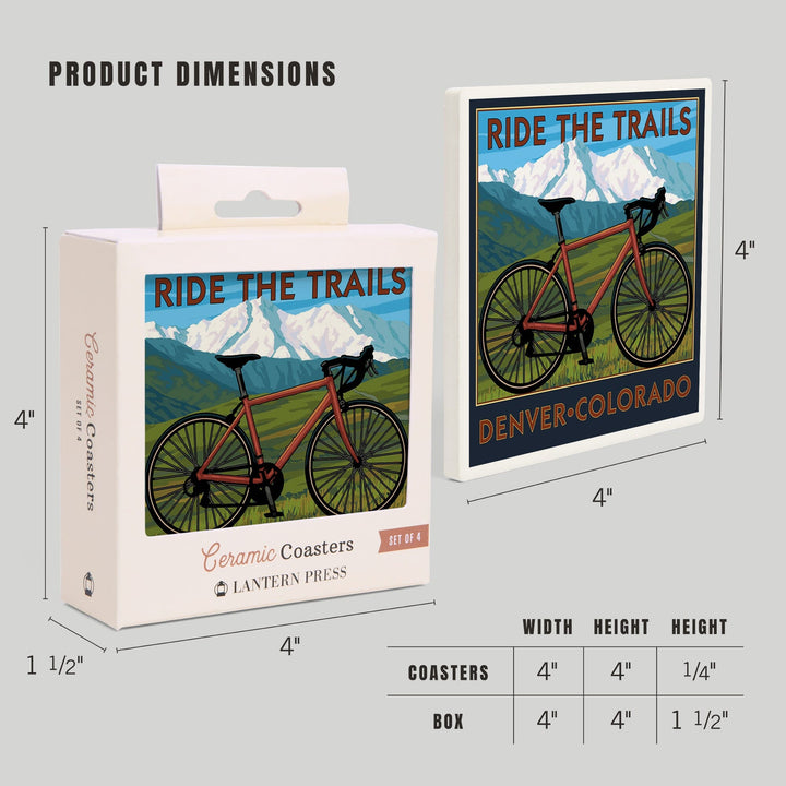 Denver, Colorado, Mountain Bike Scene, Lantern Press Artwork, Coaster Set - Lantern Press