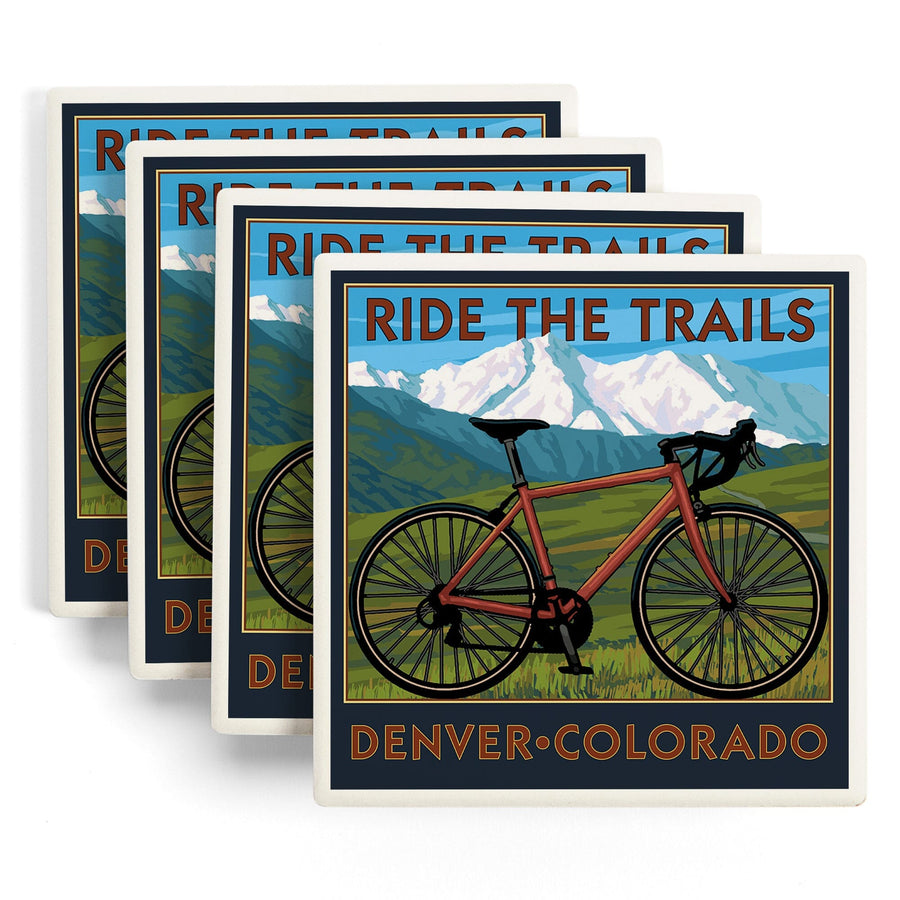 Denver, Colorado, Mountain Bike Scene, Lantern Press Artwork, Coaster Set - Lantern Press