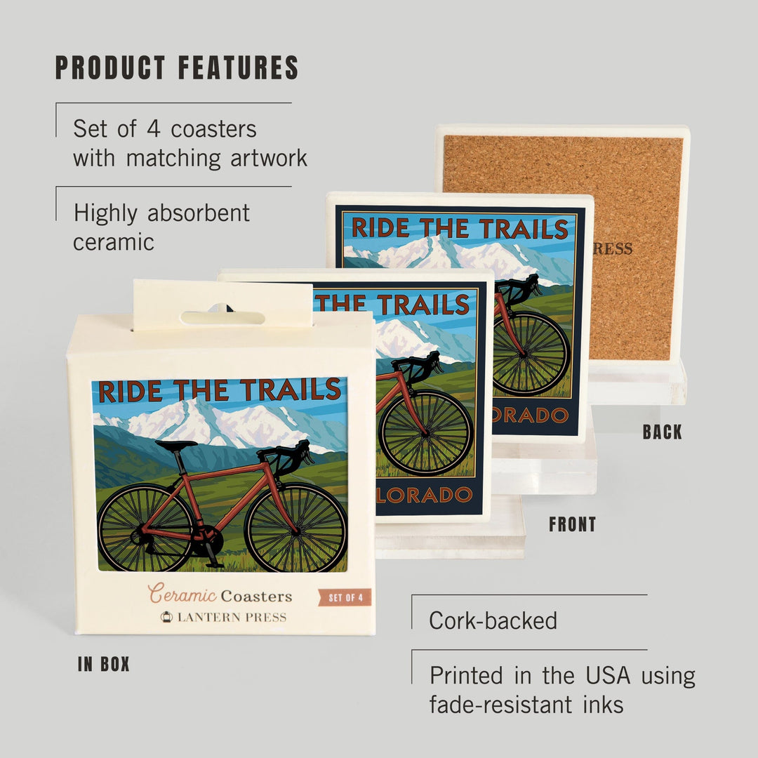 Denver, Colorado, Mountain Bike Scene, Lantern Press Artwork, Coaster Set - Lantern Press