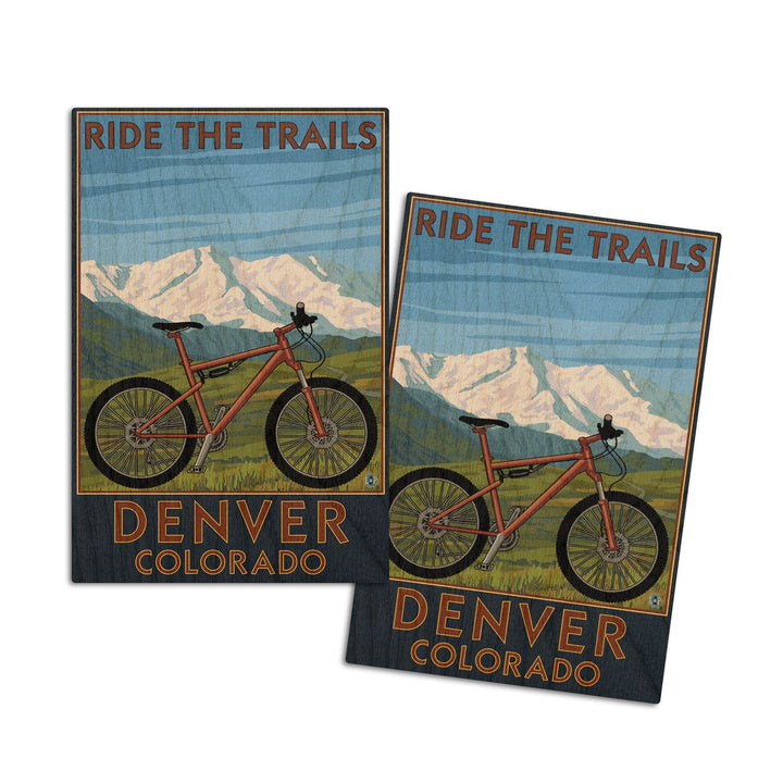 Denver, Colorado, Mountain Bike Scene, Lantern Press Artwork, Wood Signs and Postcards Wood Lantern Press 4x6 Wood Postcard Set 