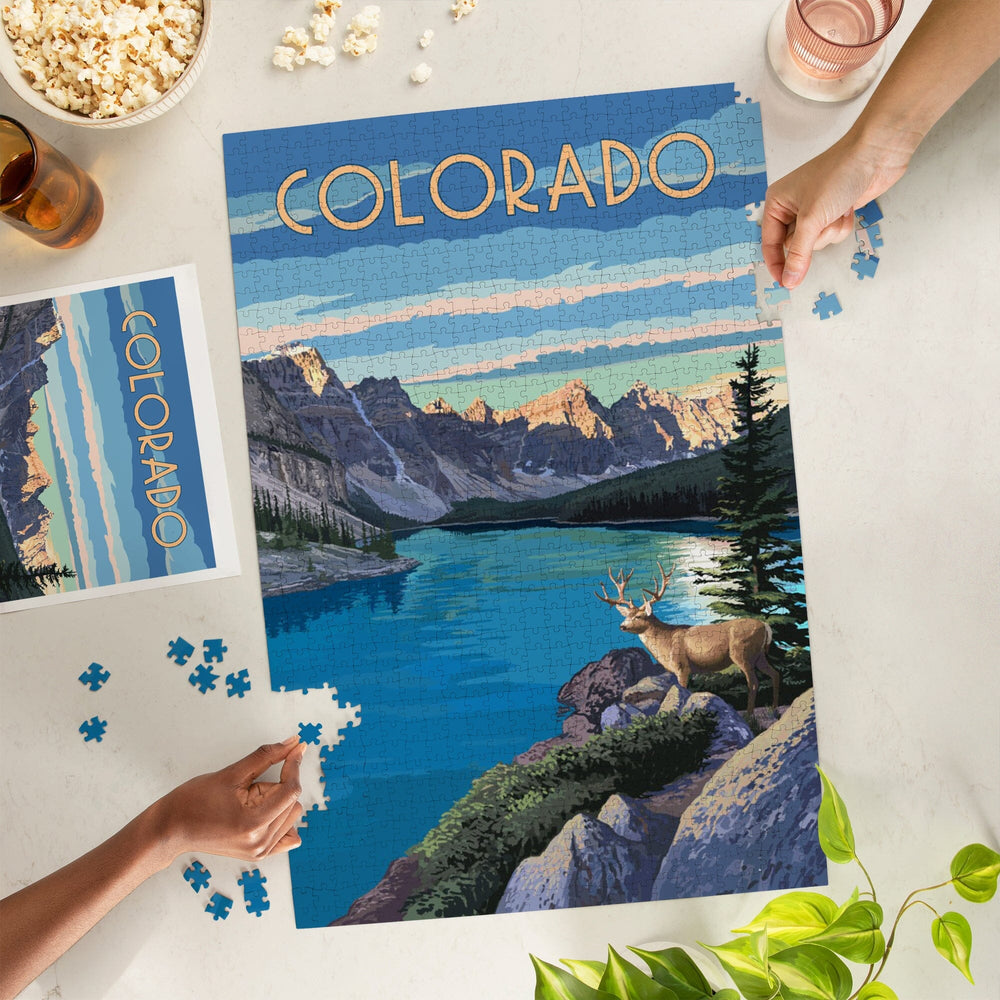 Denver, Colorado, Mountains With Elk at River, Jigsaw Puzzle Puzzle Lantern Press 