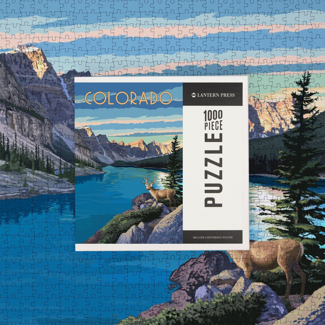 Denver, Colorado, Mountains With Elk at River, Jigsaw Puzzle Puzzle Lantern Press 