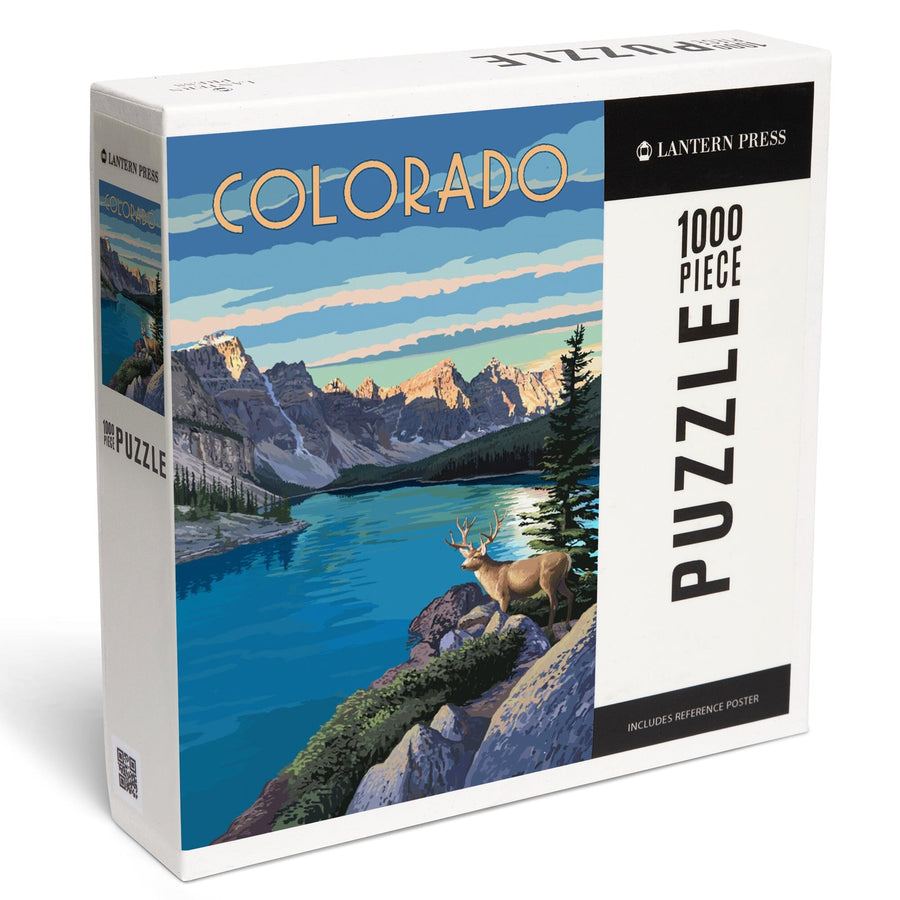 Denver, Colorado, Mountains With Elk at River, Jigsaw Puzzle Puzzle Lantern Press 