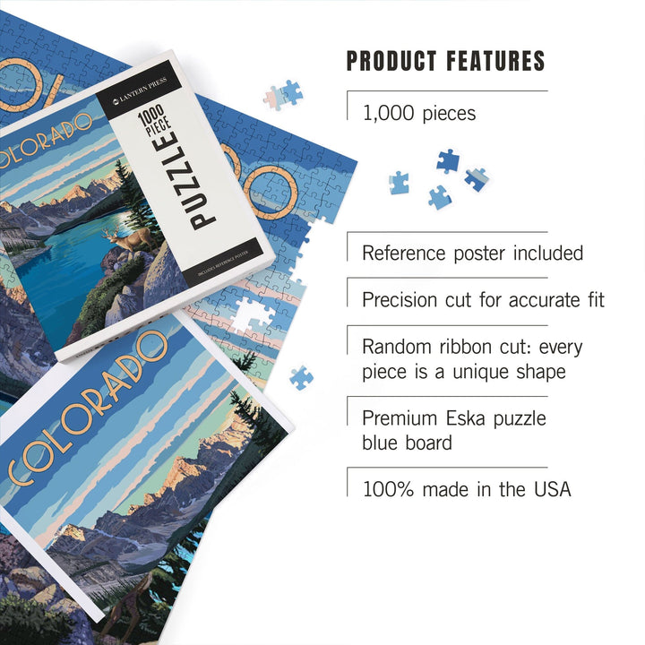 Denver, Colorado, Mountains With Elk at River, Jigsaw Puzzle Puzzle Lantern Press 