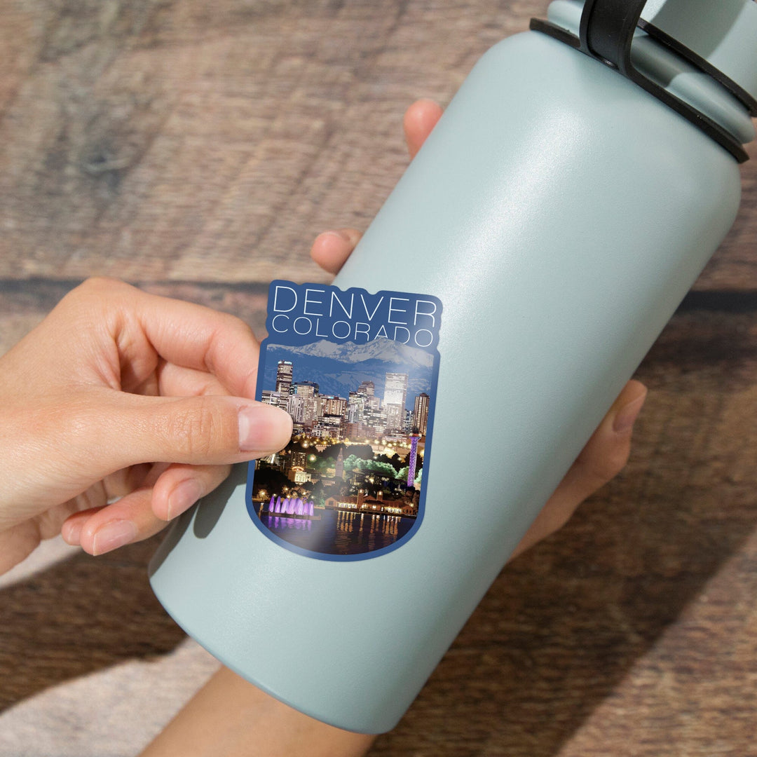 Denver, Colorado, Skyline at Night, Contour, Vinyl Sticker Sticker Lantern Press 