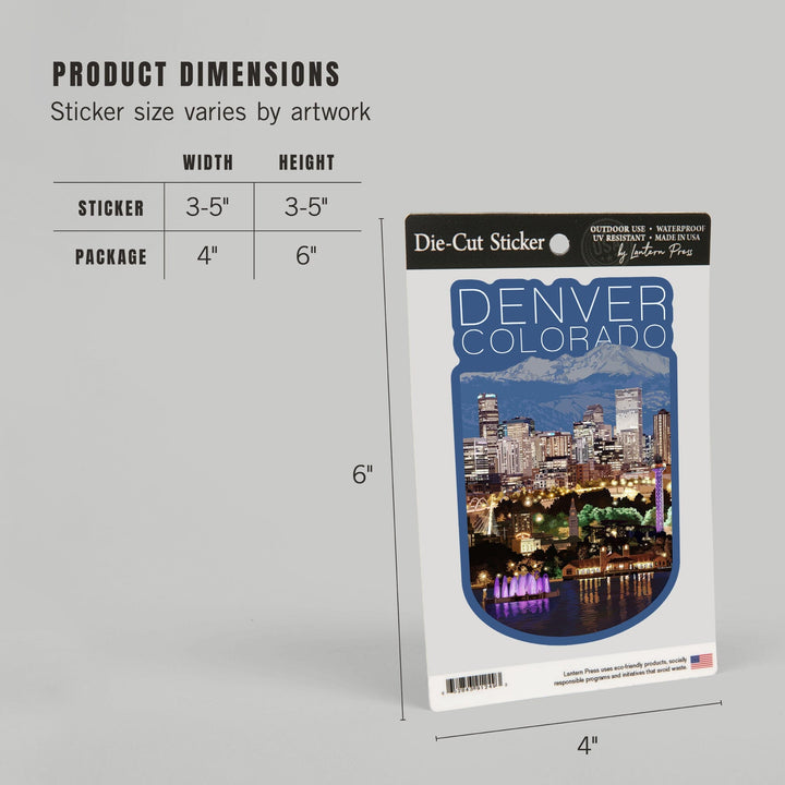 Denver, Colorado, Skyline at Night, Contour, Vinyl Sticker Sticker Lantern Press 