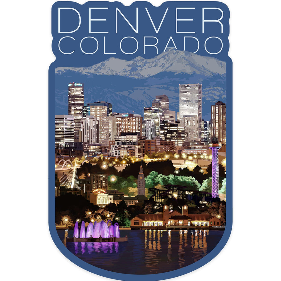 Denver, Colorado, Skyline at Night, Contour, Vinyl Sticker Sticker Lantern Press 