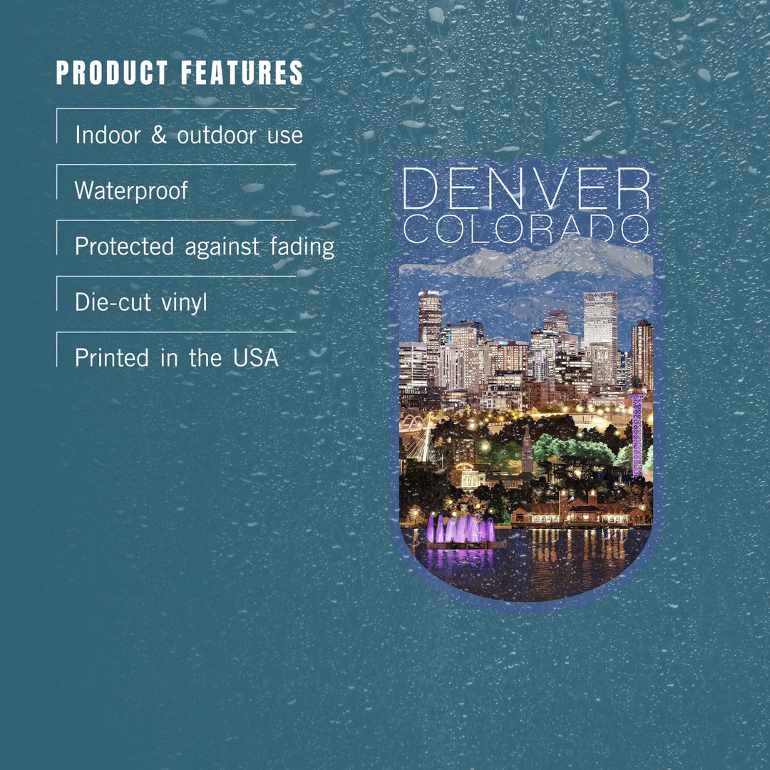 Denver, Colorado, Skyline at Night, Contour, Vinyl Sticker Sticker Lantern Press 