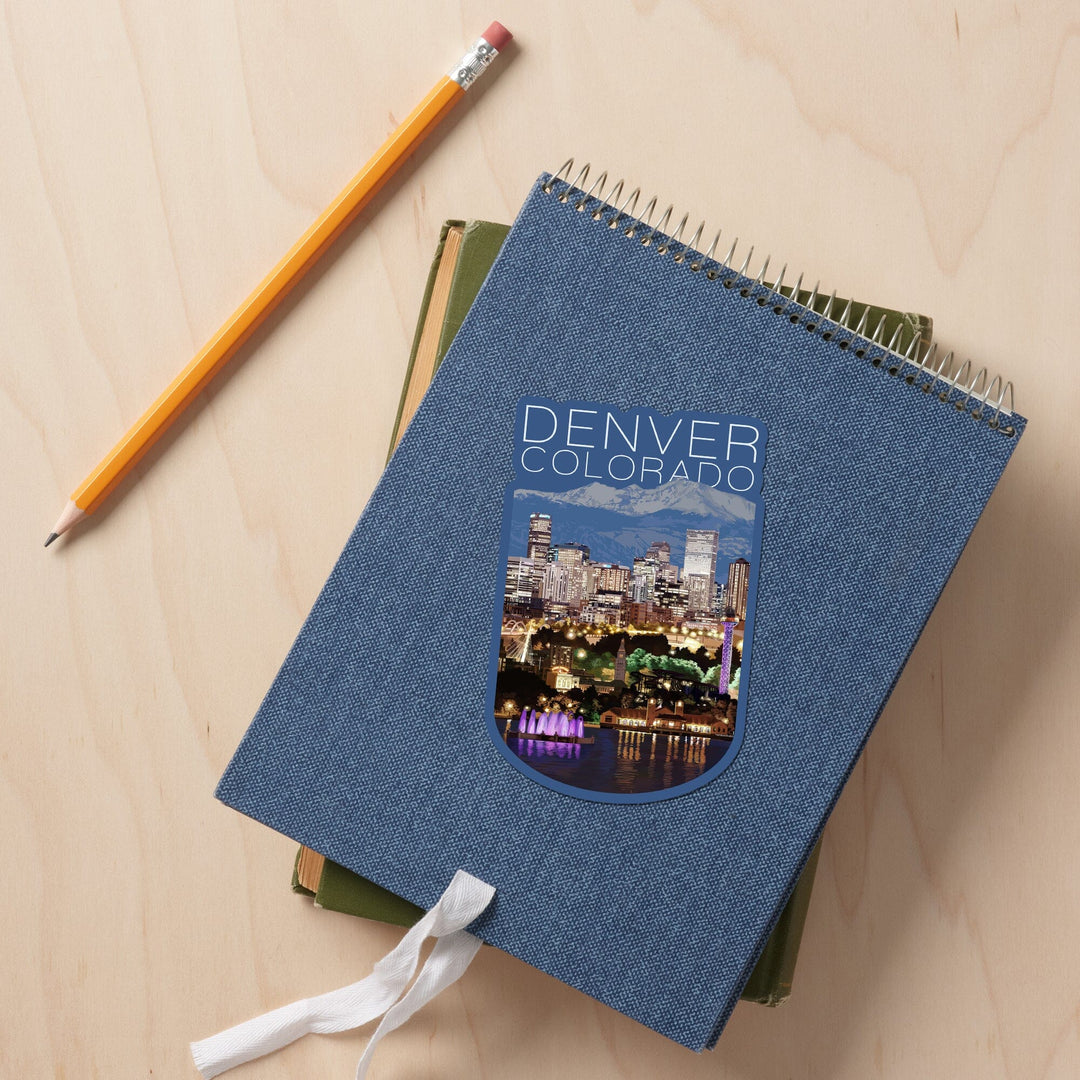 Denver, Colorado, Skyline at Night, Contour, Vinyl Sticker Sticker Lantern Press 