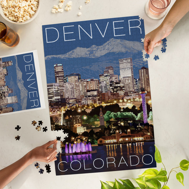 Denver, Colorado, Skyline at Night, Jigsaw Puzzle Puzzle Lantern Press 