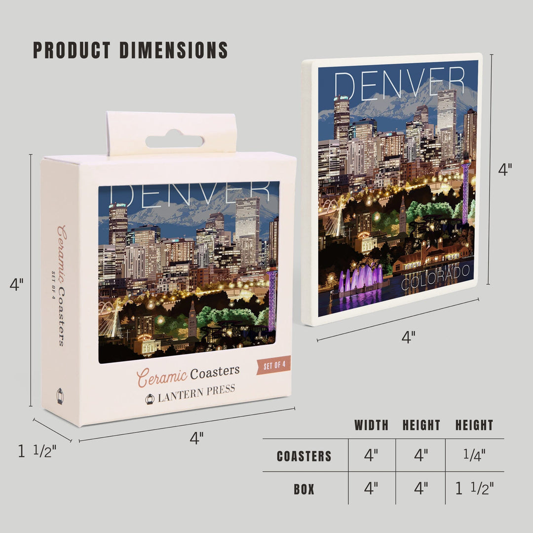 Denver, Colorado, Skyline at Night, Lantern Press Artwork, Coaster Set - Lantern Press