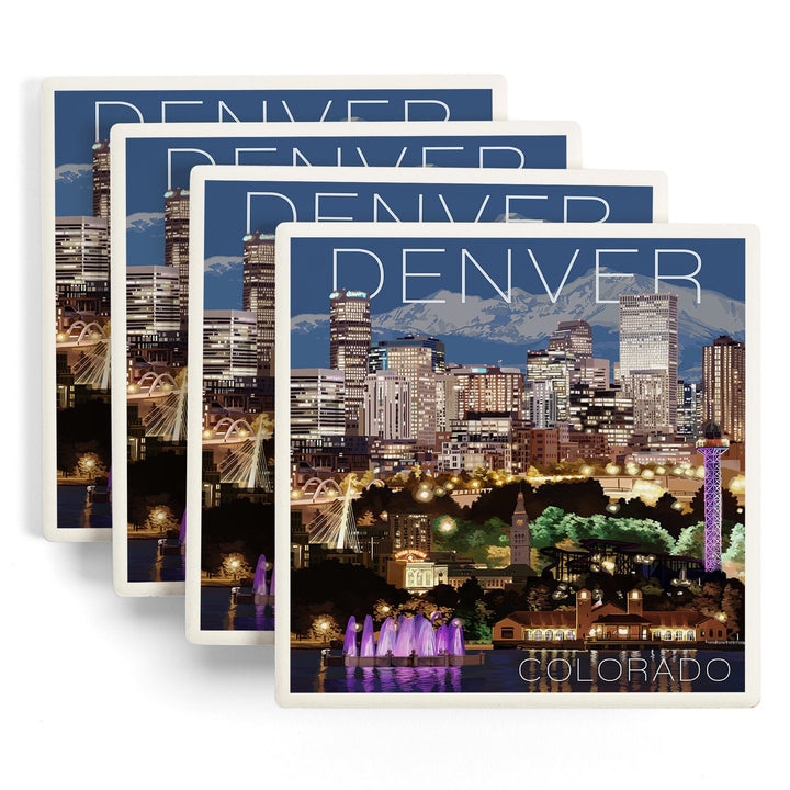 Denver, Colorado, Skyline at Night, Lantern Press Artwork, Coaster Set - Lantern Press