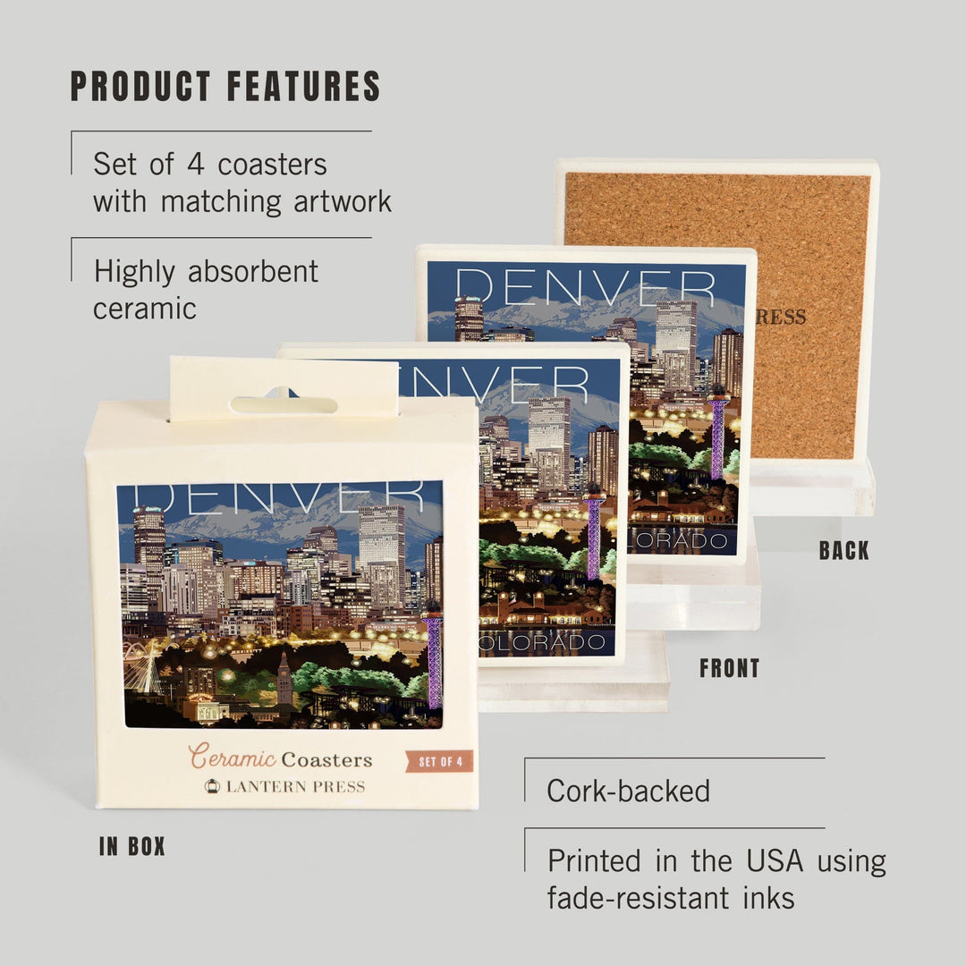 Denver, Colorado, Skyline at Night, Lantern Press Artwork, Coaster Set - Lantern Press