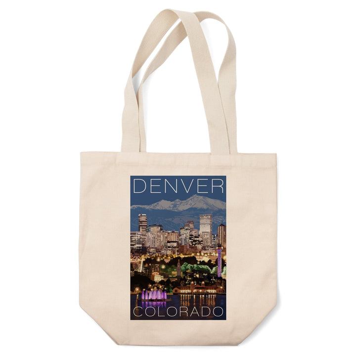 Denver, Colorado, Skyline at Night, Lantern Press Artwork, Tote Bag Totes Lantern Press 