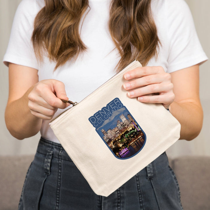 Denver, Colorado, Skyline at Night,, Organic Cotton Zipper Pouch, Go Bag Go Bag Lantern Press 